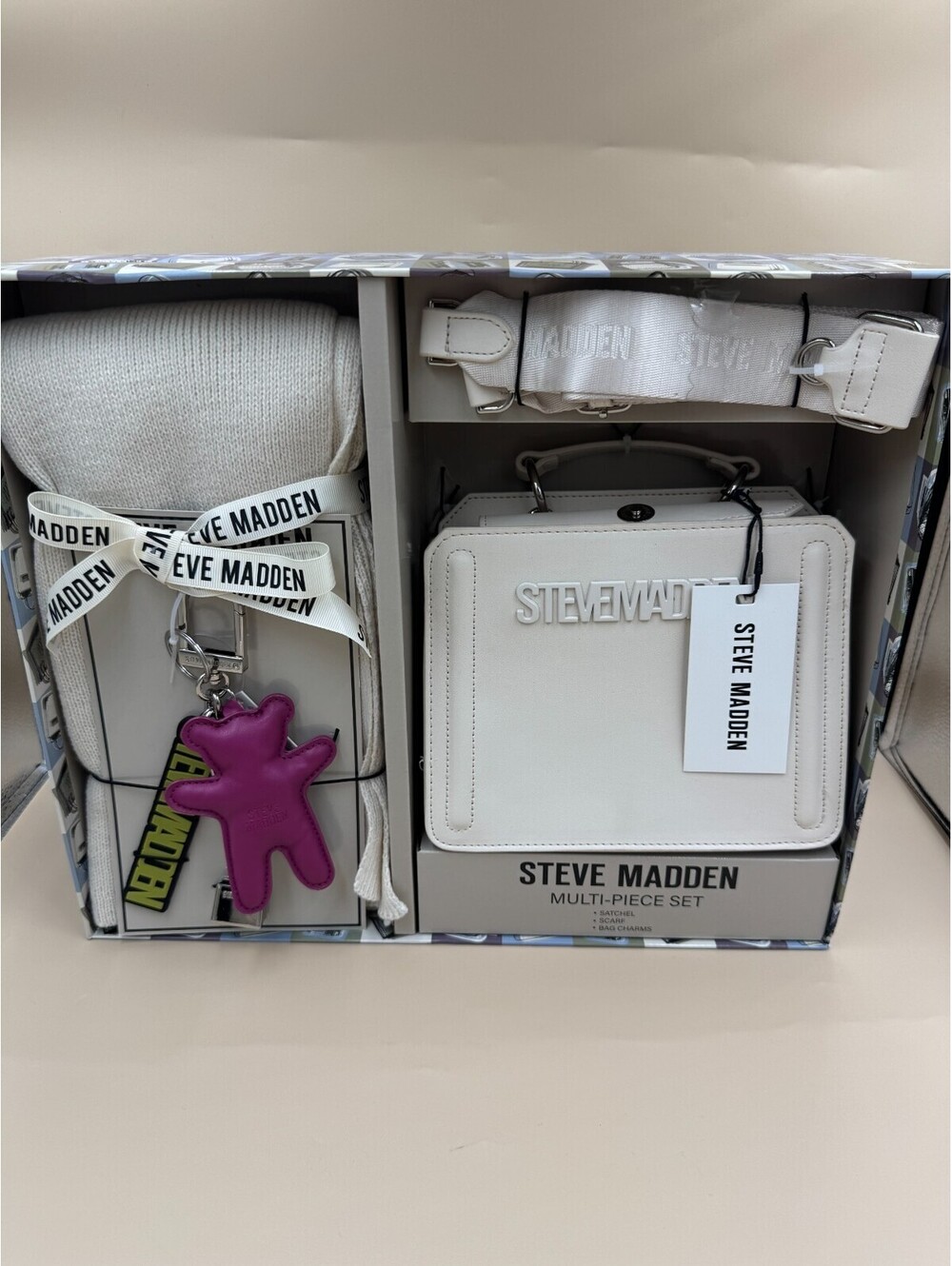 Steve Madden White Multi-Piece Gift Set Satchel Scarf Charms New In Box Sealed M